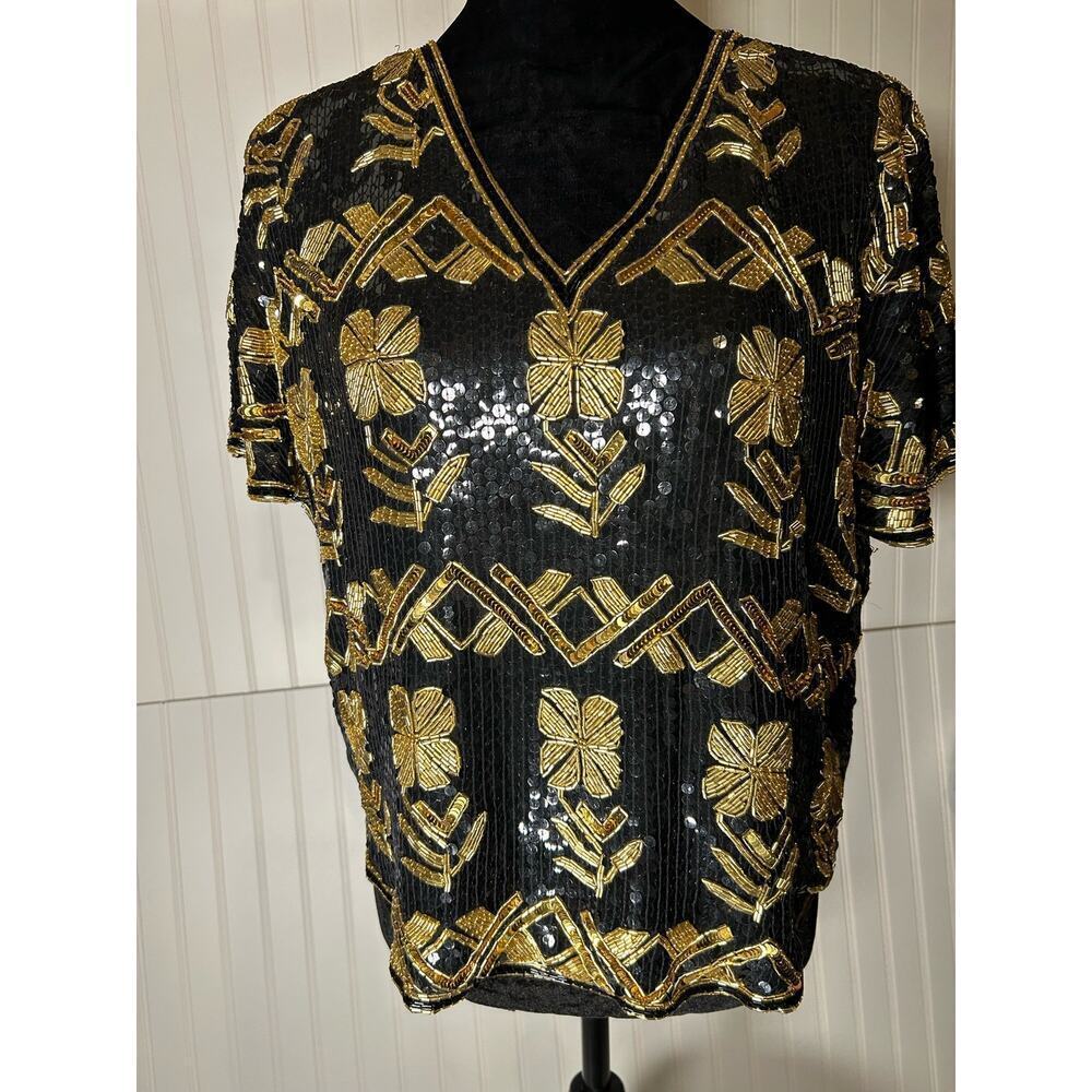 JoEd Sophisticates
 Beaded Short Sleeve Shirt SIlk Black Made in India S…